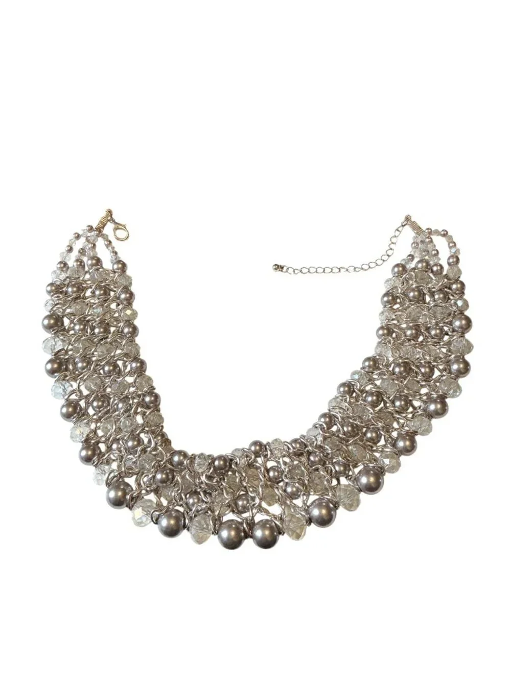 Chain Mail Bib Collar Necklace With Beads Silver-Tone Statement Jewelry